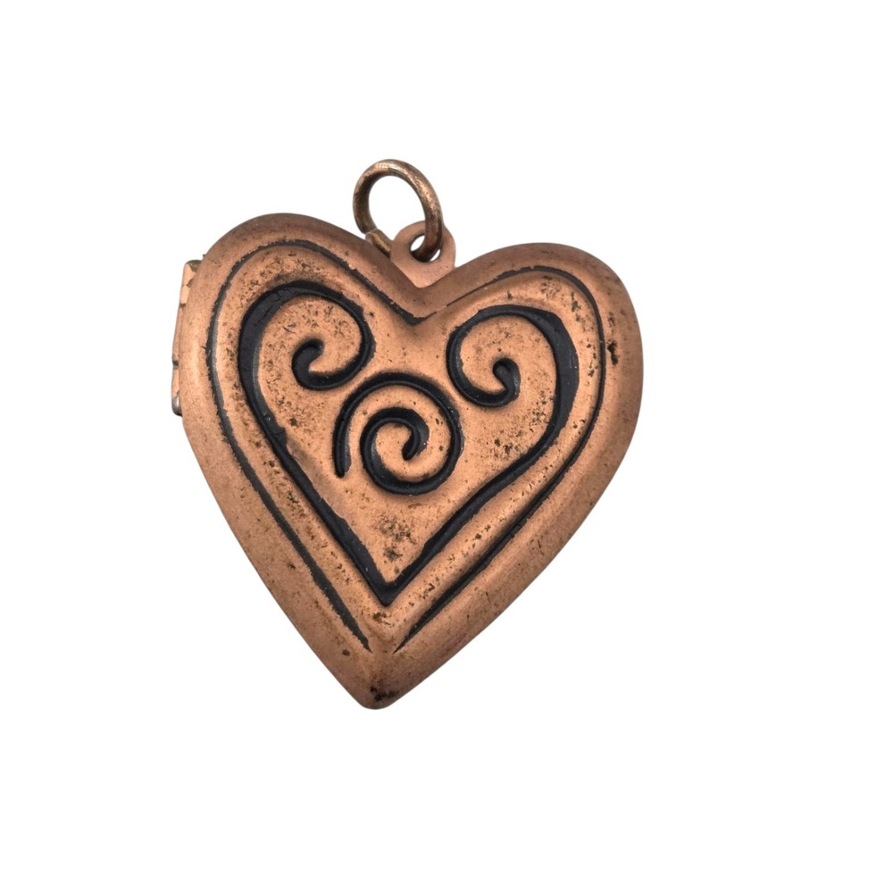 Vintage Copper Heart Photo Picture Locket Pendant Charm Black Scroll‎ Women's